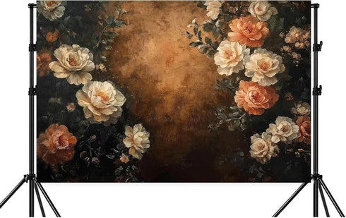 Drgilau 12X10ft Brown-2 Vintage Floral Photography Backdrop, Retro Oil Painting Flowers Photography Backdrop Abstract