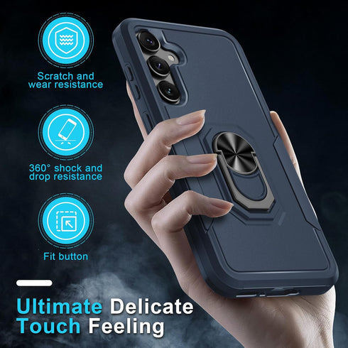 Janmitta Heavy Duty Case for Samsung Galaxy A35 5G, 2024 Navy Blue, with Tempered Glass Protector & Rotatable Kickstand.