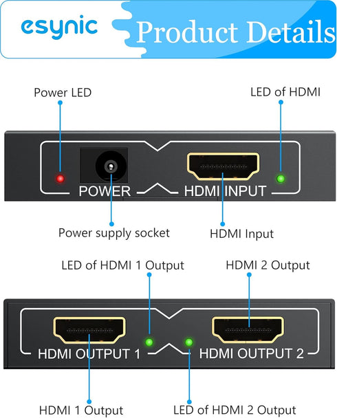 eSynic 4K/30HZ HDMI Splitter, 2 Way HDMI Splitter 1 in 2 Out for HDTV, PS4, Blu-ray Player