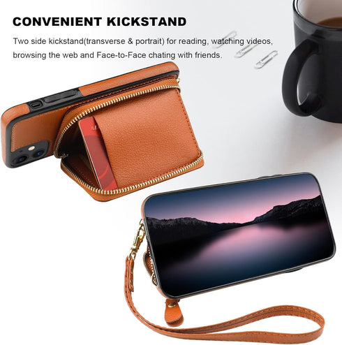 Bocasal RFID Blocking Wallet Case for iPhone 11, Adjustable Crossbody Zipper Purse Case with Kickstand, Brown
