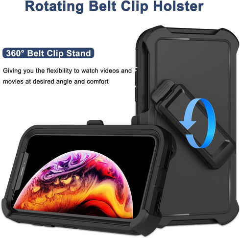 iPhone X/Xs Case with Belt Clip Holster, 2X Screen Protector, Military Grade Shockproof Heavy Duty Rugged Cover (Black)