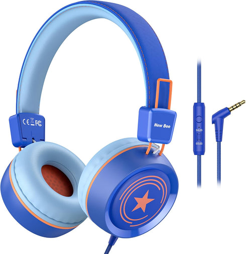 New Bee KH20 Kids Headphones - Foldable, Lightweight, Safe Volume 85dB/94dB, On-Ear with Microphone for