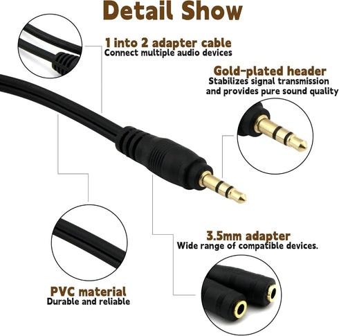 ONXE 2-Pack Gold Plated 3.5mm Stereo Jack Splitter Cable Adapter, 3.5mm Male to 2 X Female for Speakers