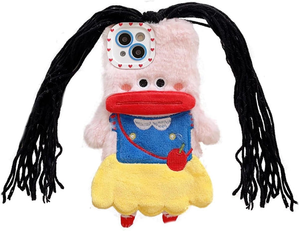 Cute Kawaii 3D Cartoon iPhone 14 Case - Plush, Furry, Shockproof, Winter Warm, DIY Hair Braids for Women & Girls (Snow