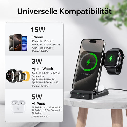 Tribone 3 in 1 Foldable Fast Wireless Charger, Black, for iPhone 16/15/14/13/12/11 Pro Max, Apple Watch, AirPods