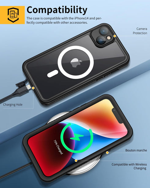 Lanhiem for iPhone 14 Magnetic Case - Waterproof Dustproof Shockproof with Built-in Screen Protector, Full Body