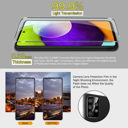 QHOHQ 3 Pack Tempered Glass Screen Protector for Samsung Galaxy A52 4G/5G + Camera Lens Protectors, 9H Hardness,