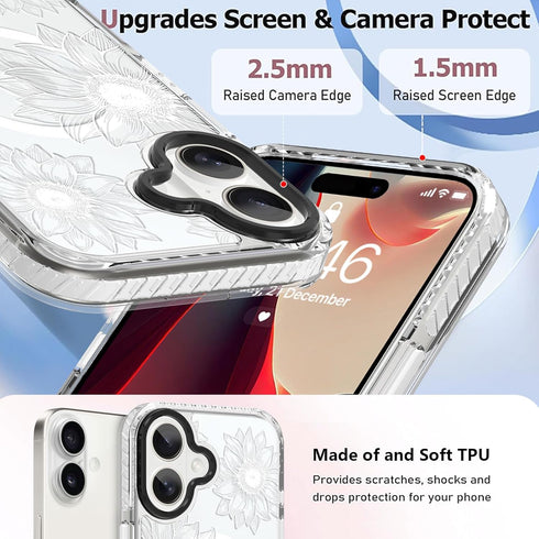 OOK 17 Clear Floral case for iPhone Case, Cute Sunflower Floral Blooms DesignSoft TPU Bumper Hard PC Shockproof