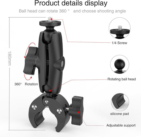 Super Camera Clamp Mount with 3.6" Socket Arm and 360° Ball Head - 1/4" Thread for Canon Nikon/DSLR/Gopro/Insta360