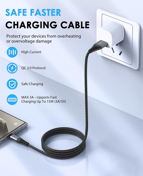 USB to USB C Cable 2-Pack, 3ft Fast Charging High Speed Nylon Cord for Samsung Galaxy A20, S20, S10 Plus, Note 8