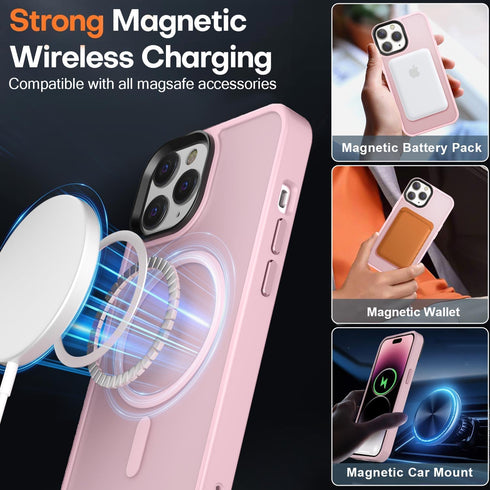 Magnetic iPhone 14 Pro Max Case, Slim Protective Translucent Matte with Military-Grade Protection, 6.7 inch, Pink