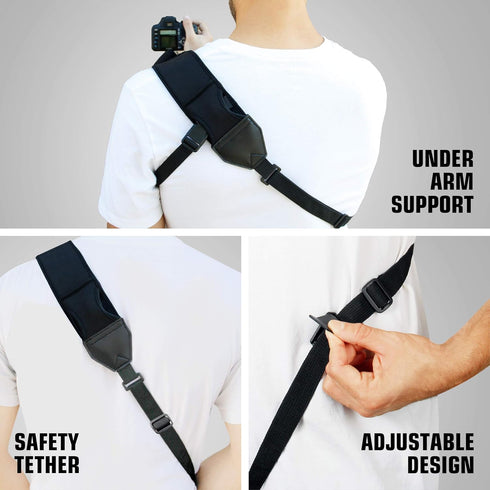 USA Gear Camera Sling Shoulder Strap - Adjustable Neoprene, Safety Tether, Accessory Pocket, Quick Release Buckle