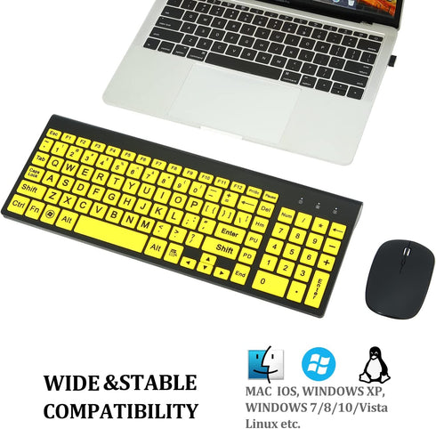 Full Size Large Print 2.4g Wireless Keyboard and Mouse with Oversized Print for Kids, Visually Impaired, Low Vision