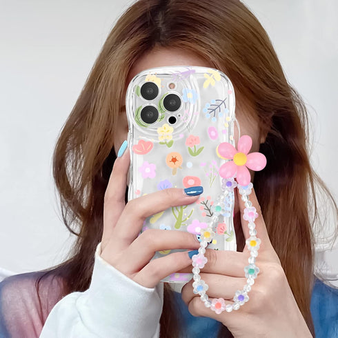 Cute Colorful Flower Curly Wave Clear Case for iPhone 14 Pro Max with Lovely Flower Bracelet Chain