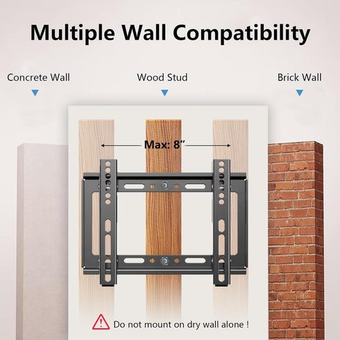 TV Wall Mount Brackets, Low Profile Fixed for 14 to 43 Inch LED, LCD TVs, Universal Mount Fits 8" Wood Studs