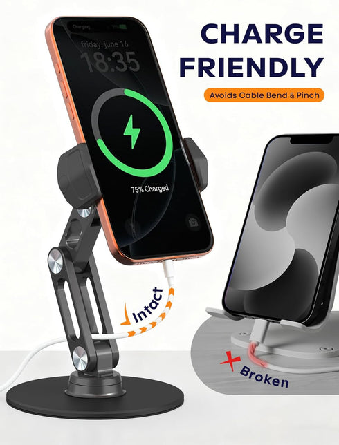 QooWare Phone Stand for Desk - Adjustable Height and Angle Foldable Cell Phone Stand Holder, No Dropping Stable