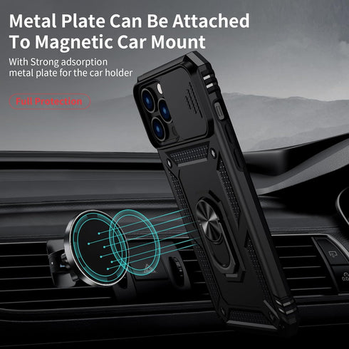 iPhone 13 Pro Max Case with Slide Lens Cover, HD Screen Protector, Military Grade Drop Protection, Black Kickstand