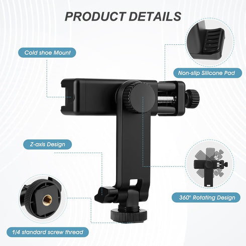 EszkozTA 360 1/4" Universal Cell Phone Tripod Mount Adapter, Camera Hot Shoe Phone Holder Clamp with Rotation Bracket