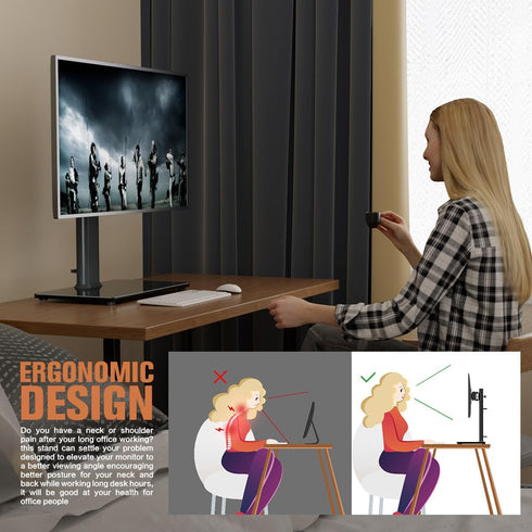 Single LCD Computer Monitor Free-Standing Desk Stand, Height Adjustable for 13-32 Inch Screens, Holds up to 77 lbs