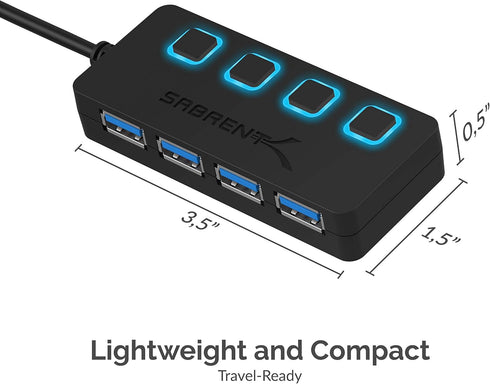 SABRENT 4-Port 3.0 2 (HB-UM43) USB Hub with Individual LED Power Switches - Slim, Portable Design - Ft Cable - Fast