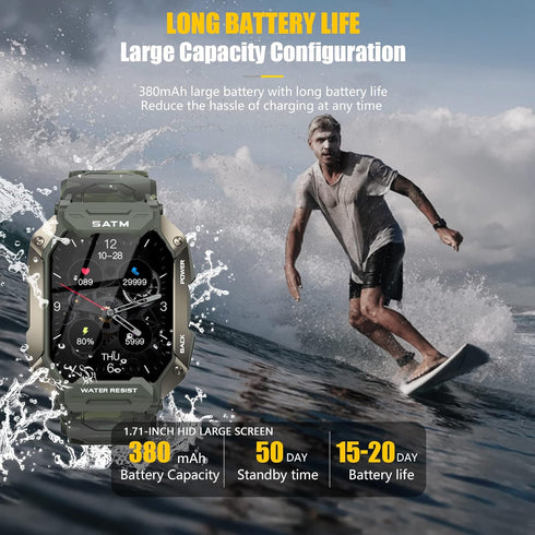 Smart Watches for Men - 1.71" HD Fitness Watch with Heart Rate Monitor, 5ATM Waterproof, 24 Sports Modes, 2 Bands