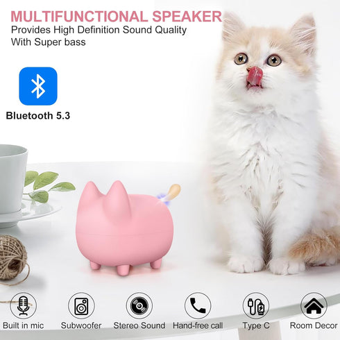 Cute Bluetooth Speaker, Mini Cat Portable Wireless Speakers with Loud Stereo Sound, Built-in Mic, Dual Pairing,40H Playtime for Room, Desk Decor, Xmas Gift for Kids, Women (Pink)