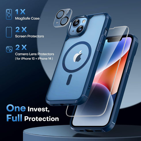 TAURI 5-in-1 Shockproof Case for iPhone 13/14, MagSafe Compatible, Blue + 2 Screen & Camera Lens Protectors.