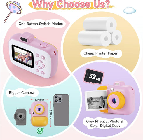 Kids Instant Print Camera for Girls Boys Age 3-12, 12MP 1080P Digital Cameras, Christmas Birthday Gifts