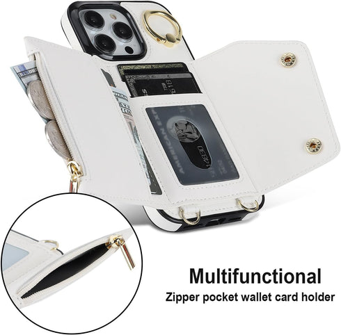 LUVI iPhone 15 Pro Wallet Case with Card Holder, Crossbody Neck Strap, Lanyard, Wrist Strap, White PU Leather Flip