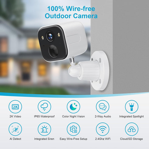 SUJTKZL 2K IP65 2-Way Security Cameras Wireless Outdoor, Battery Powered WiFi Camera for Home Security, Color Night