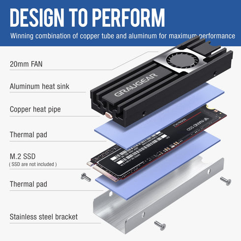 GRAUGEAR M.2 2280 SSD Heatsink with 20mm Cooling Fan, Copper Heat Pipe, Aluminum Plate-Fin Design, Thermal Pads Included