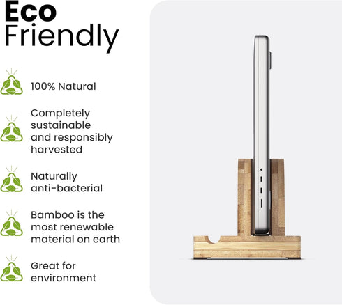 Premium Wood Vertical Laptop Stand - Adjustable Bamboo Holder for MacBook, Dell, HP, Space-Saving Desktop Organizer