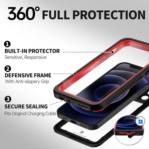 BEASTEK Waterproof Case for iPhone 12, FSN Series IP68 Magnetic Shockproof with Built-in Screen Protector, Red