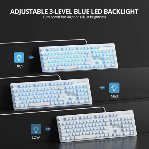 iRoboosta 104 Retro Typewriter White Keyboard Full Size, Keys LED Backlit Wired Membrane Keyboard with Number Pad