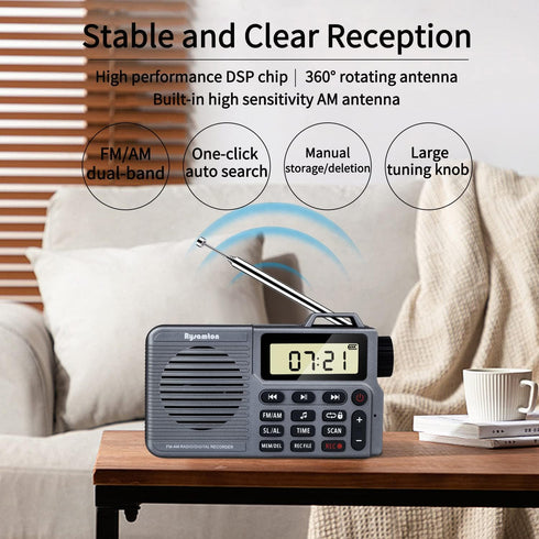 Portable AM/FM Radio, Small Pocket Radio with Bass Speaker, Long Battery Life, Support Micro SD Card and Record, Alarm