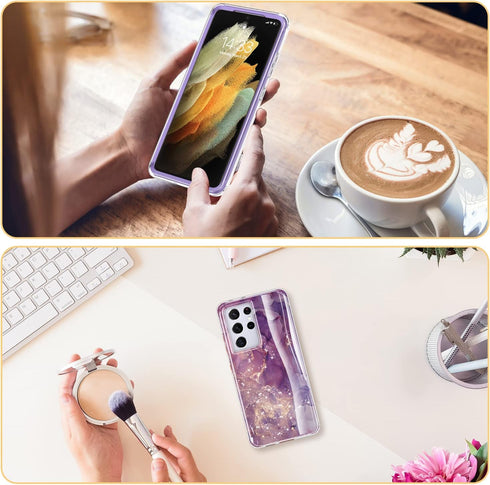 Esdot Rugged Case for Samsung Galaxy S21 Ultra, Military Grade with Fashion Designs, Glitter Purple Marble