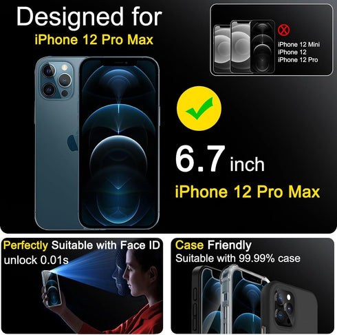 Ferilinso 2 Pack Screen Protector for iPhone 12 Pro Max with 2 Pack Tempered Glass Camera Lens Protector Phone Case Friendly Ultra Accessories Protector de Pantalla for Apple iPhone 12 Pro Max