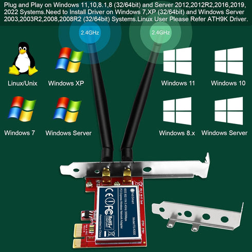 Wireless N 2.4GHz 300Mbps PCIE Wireless Network Adapter for Windows and Linux PCs, PCIE WiFi Card