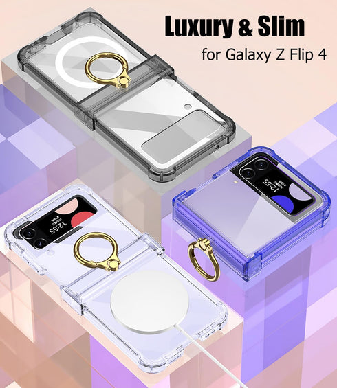 Slim Fit Transparent Hard PC Shockproof Cover for Samsung Galaxy Z Flip 4, with Ring Holder and Hinge Protection (Black)