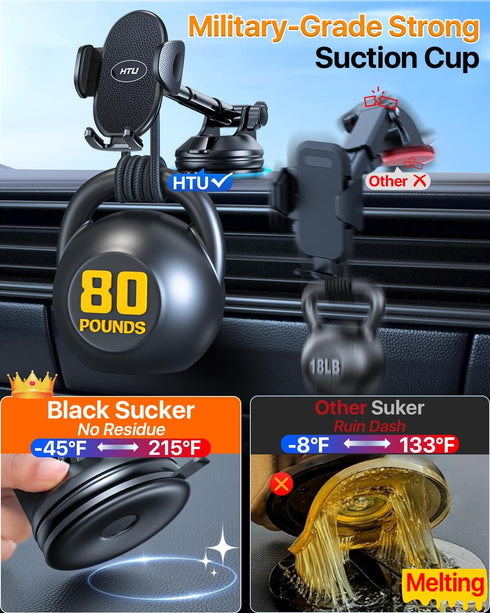 Cell Phone Holder for Car with 360° Rotatable Stand, Military-Grade Suction, Flexible Telescopic Arm, Black