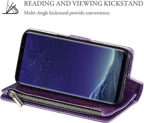 UEEBAI Wallet Case for Samsung Galaxy S10 Plus, PU Leather Magnetic Closure Handbag with Card Slots (Glitter Purple)