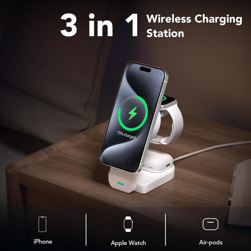 3 in 1 Wireless Charging Station for Apple Devices, Foldable Magnetic Charger for iPhone 15/14/13/12, Apple Watch,
