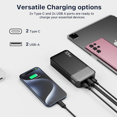Portable Power Bank 20000mAh - 35W Fast Charging Battery Pack with LED Display for iPhone, Galaxy, Tablet, Switch