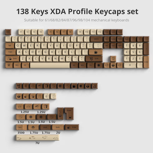 XDA PBT Key Cap, 138 Keys Dye Sublimation Coffee Cat Custom Key Cap Set for Cherry/Gatron MX switches 60 Percent