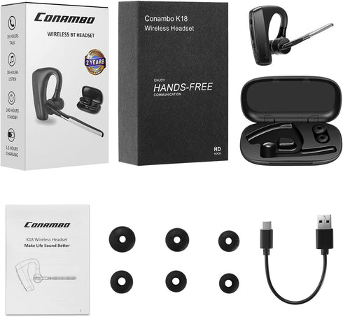 Conambo K18 Bluetooth Headset V5.1 - Wireless Headset with Dual Mic CVC8.0 Noise Canceling for Trucker Work, Cell Phone