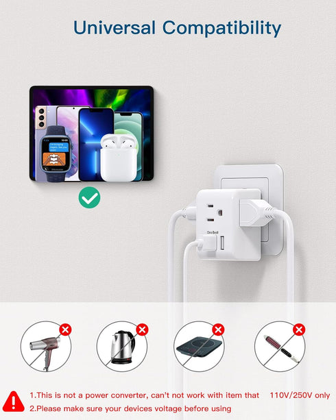 2 Pack European Travel Plug Adapter, One Beat International Power Adapter with 3 Outlets, 3 USB Ports for Europe Travel