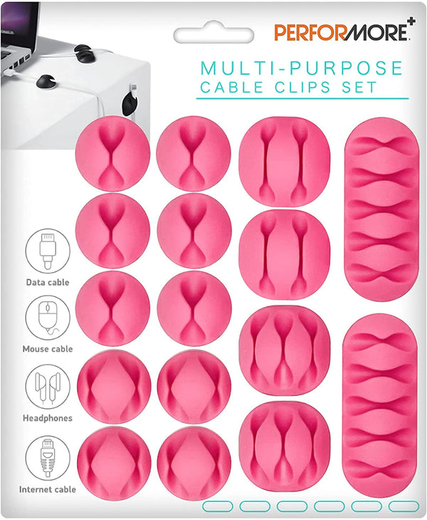 PERFORMORE 16 Pack Cable Clips, Pink Self-Adhesive Cord Organizers for Home, Office, Car, and Desk Management
