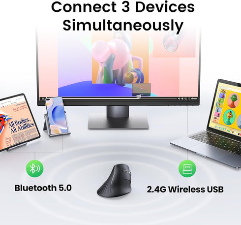 UGREEN Vertical Mouse Wireless, Bluetooth 5.0+2.4G Ergonomic Mouse, 5 Buttons, 1000/1600/2000/4000 DPI, Black