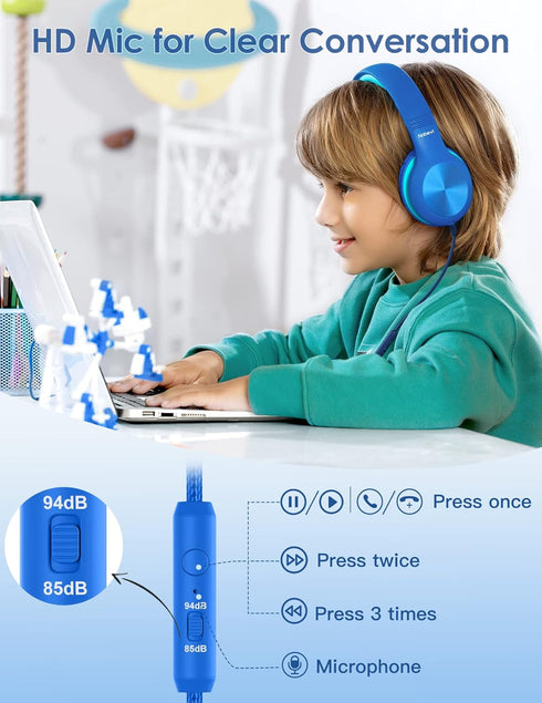 Kids Over-Ear Headphones with Cord, Microphone, 85/94dB Volume Limit, Wired Headphones for School, Toddler Headphones