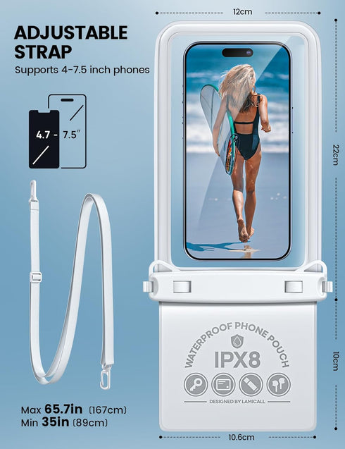 Lamcall Double Bag Waterproof Phone Pouch, IPX8 Case with Lanyard for iPhone 15/14/13 Pro/Pro Max/Plus, Galaxy 24/23/22